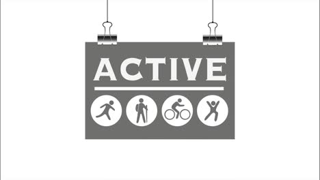 activity icons set with active word banner hanging on clamps