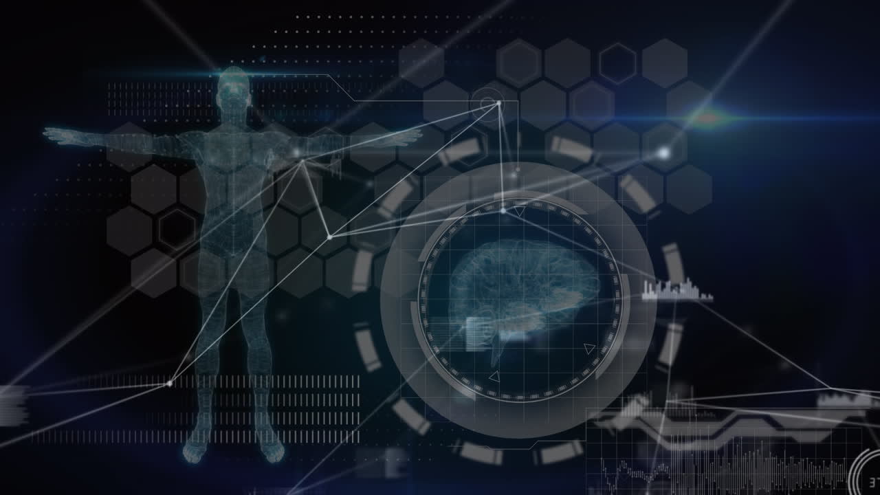 인간의 뇌와 의료 데이터 처리에 대한 연결 네트워크의 애니메이션 화면