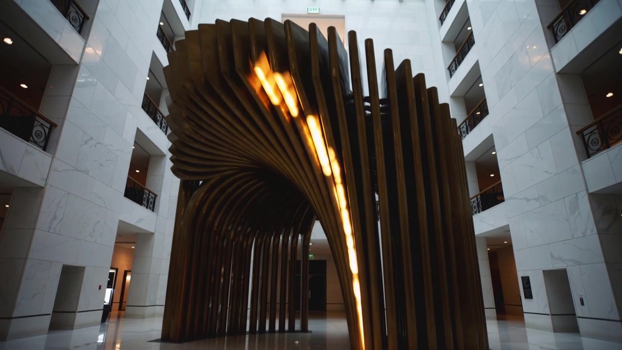 Pulling back camera tilting upward revealing rib sculpture and skylight in atrium lights rising