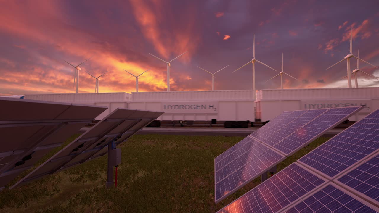 Hub energetico rinnovabile, produzione di idrogeno con pannelli solari e turbine eoliche al tramonto