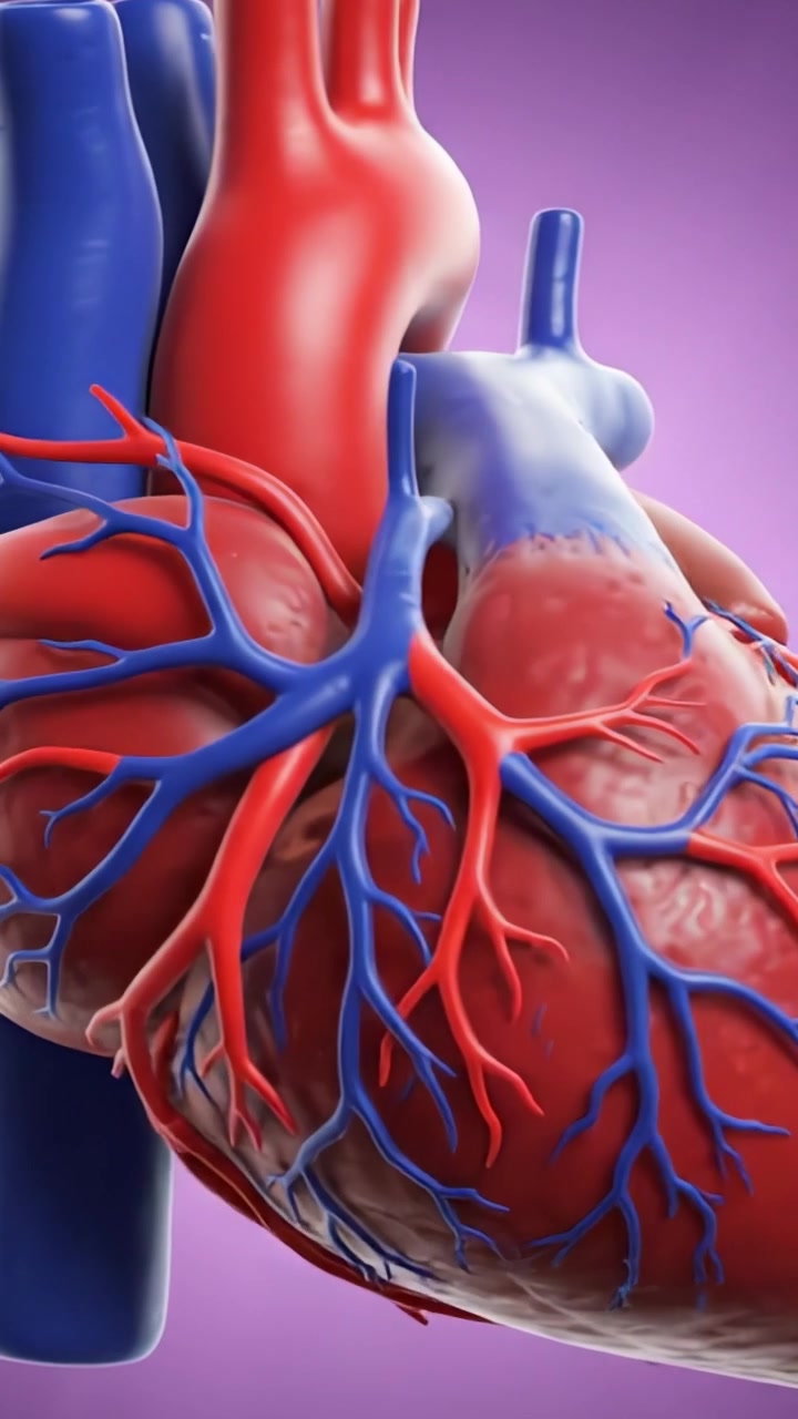 Visualizzazione Anatomica Dettagliata del Cuore Umano e del Suo Sistema Vascolare, Evidenziando la Complessa Rete di Arterie e Vene con Texture e Colori Realistici