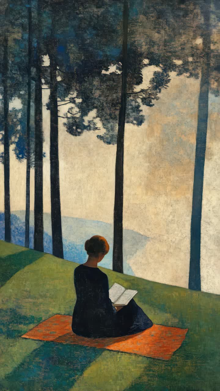 Video concept art of a woman reading on a mat in a serene landscape