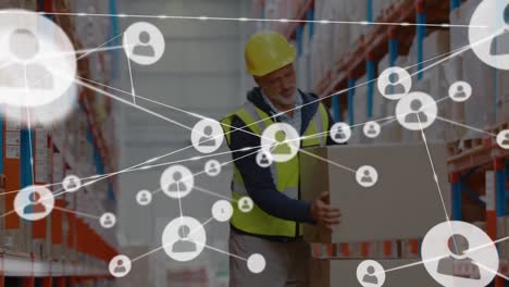 Animation-of-network-of-profile-icons-over-caucasian-male-worker-suffering-back-pain-at-warehouse