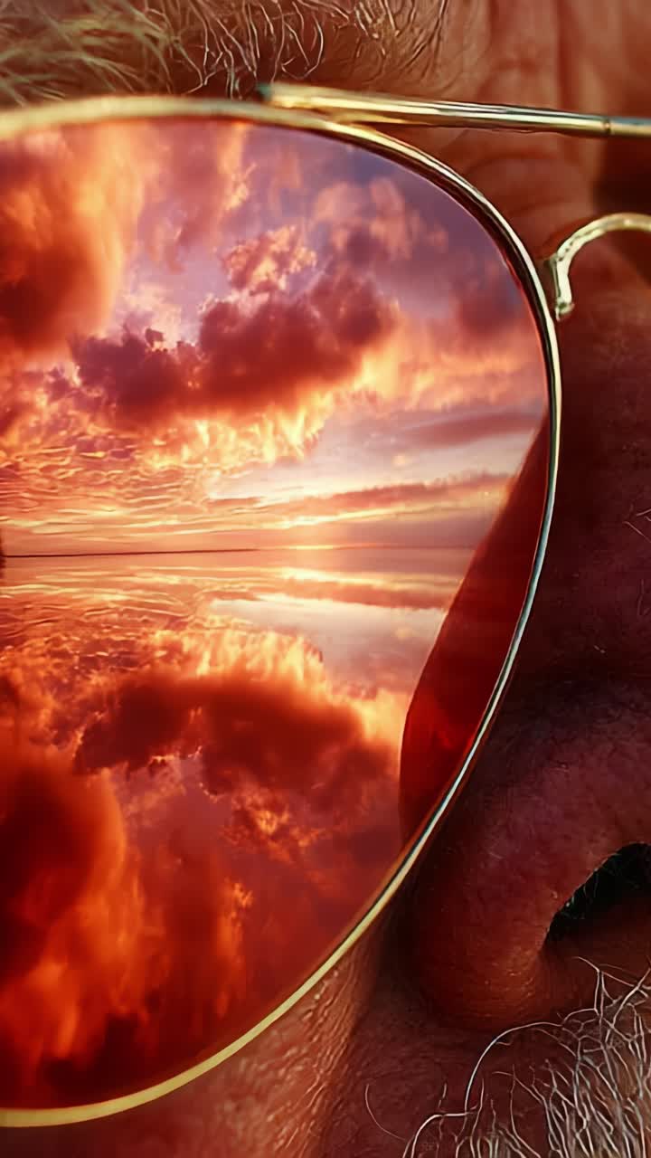 Tramonto stupefacente riflesso negli occhiali da sole, che cattura la bellezza della natura e la serenità, rivelando una scena incantevole che evoca pace e meraviglia