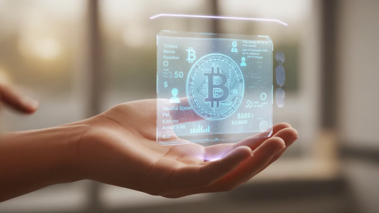A Glimpse into the Future of Digital Currency: Holding a Holographic Bitcoin Display Reflecting Financial Trends and Market Data in the Evolving World of Cryptocurrency