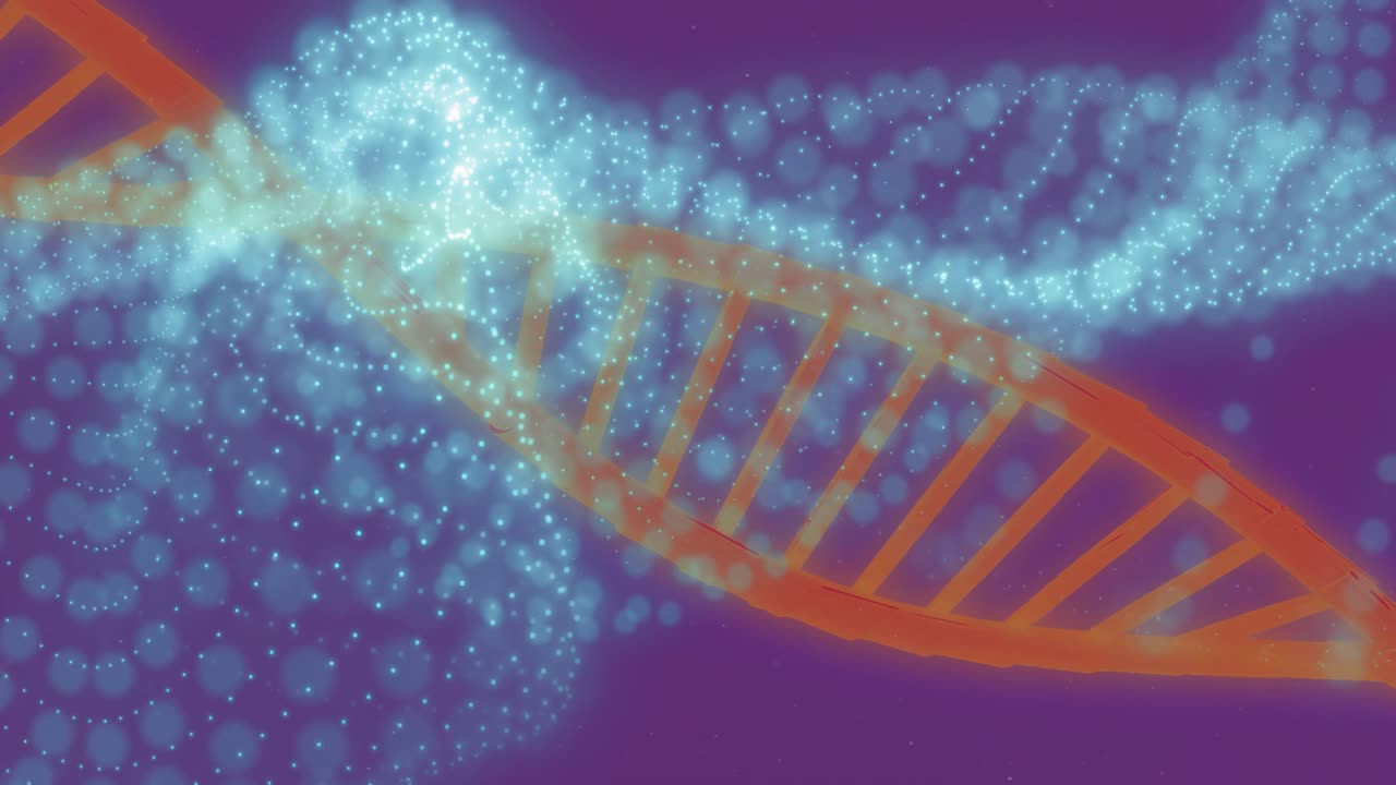 Blue particle ribbon emerging from right spiraling around orange DNA helix demonstrating binding
