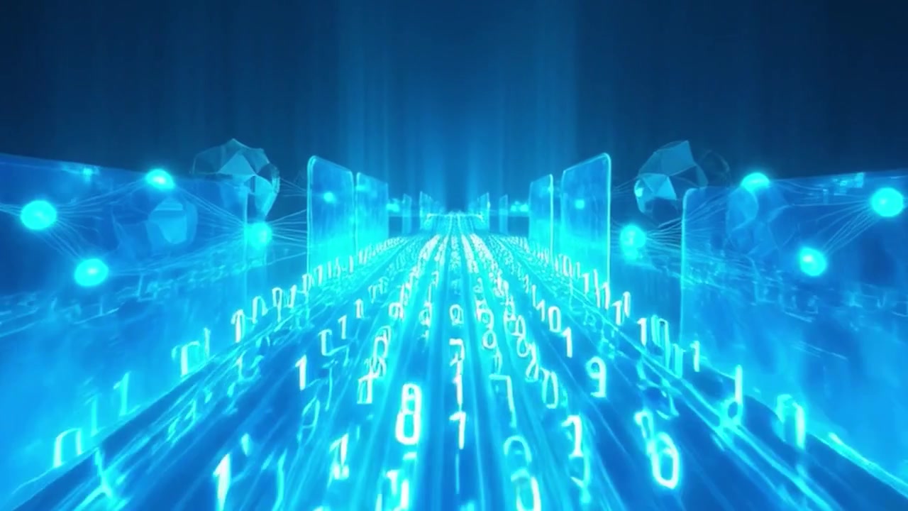 Digital Data Stream Flowing Through Futuristic Network Nodes