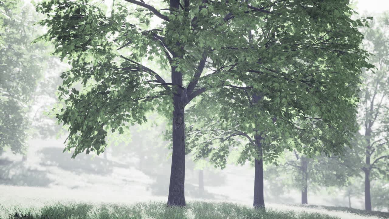 Lush green trees surrounded by soft mist in a serene nature setting