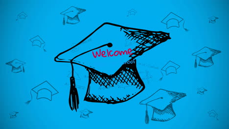 animation of welcome text over graduation hats on blue background