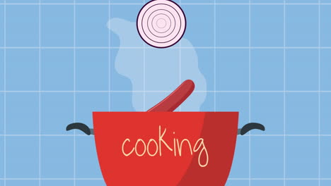 cooking lettering in pot and vegetables animation