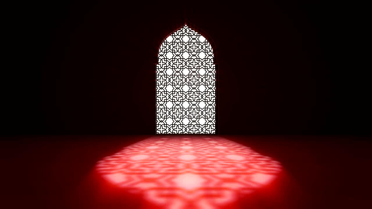 이슬람 내부 모스크 창문 또는 문, 안으로 들어오는 광선 어리, 라마단 카림 이슬람 운동 배경, 3d 애니메이션.