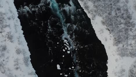 beautiful zooming in from the sky to the river shot while the ice covers everything