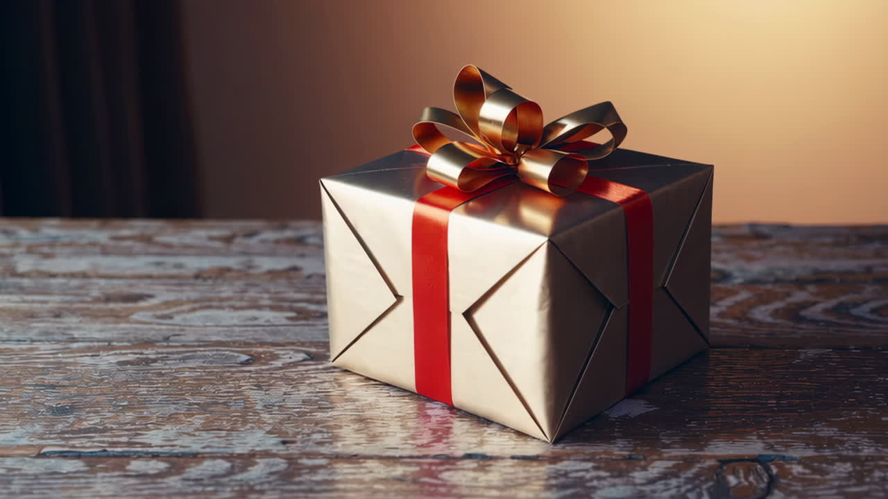 Golden Gift Box on Wooden Table