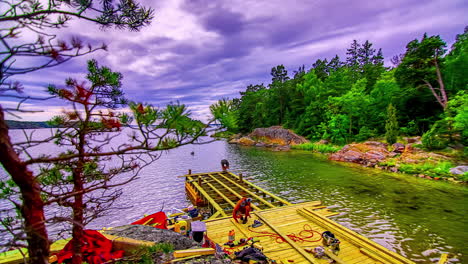 building a wooden boat dock on a lake - sliding motion time lapse cloudscape