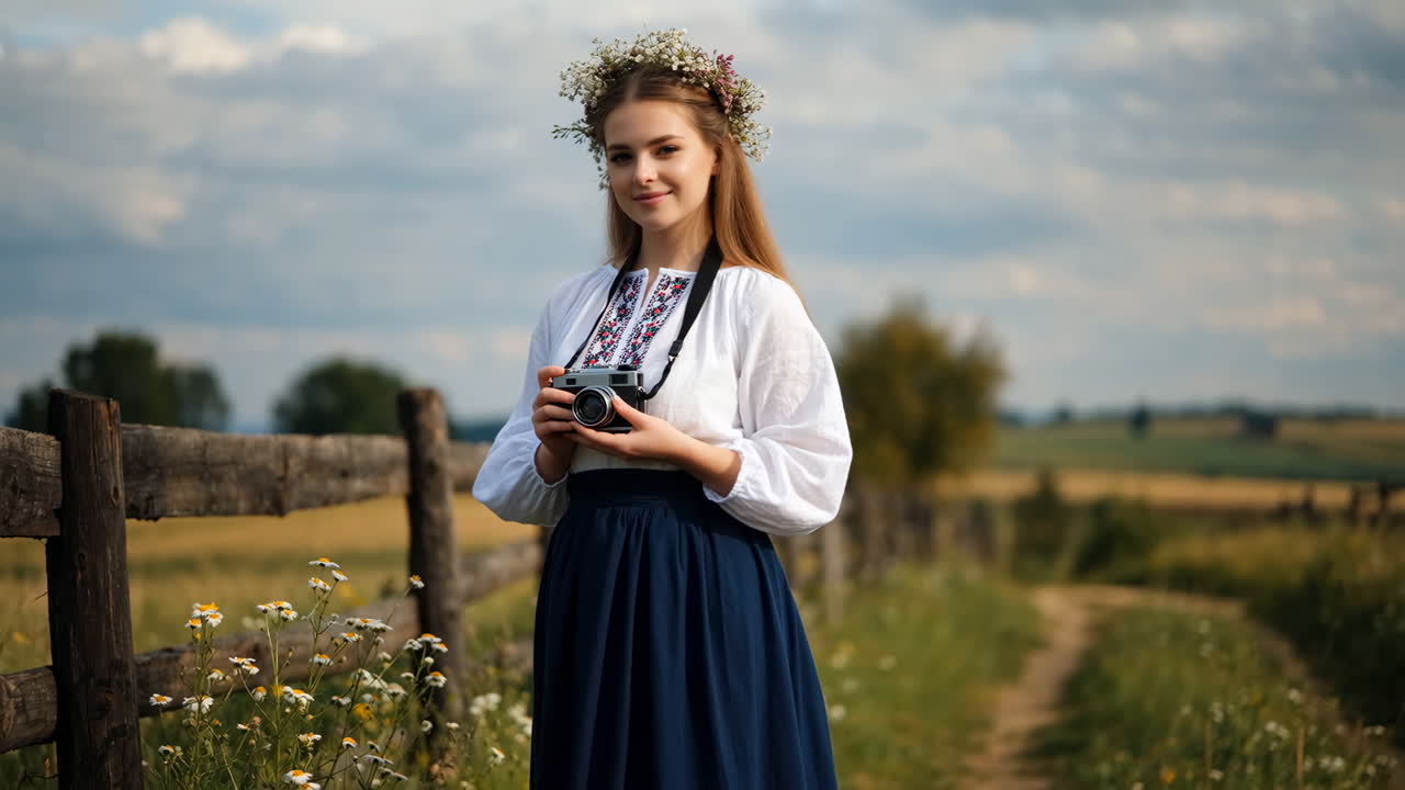 Young Woman in Traditional Attire with Flower Crown Holding a Camera in a Rural Landscape