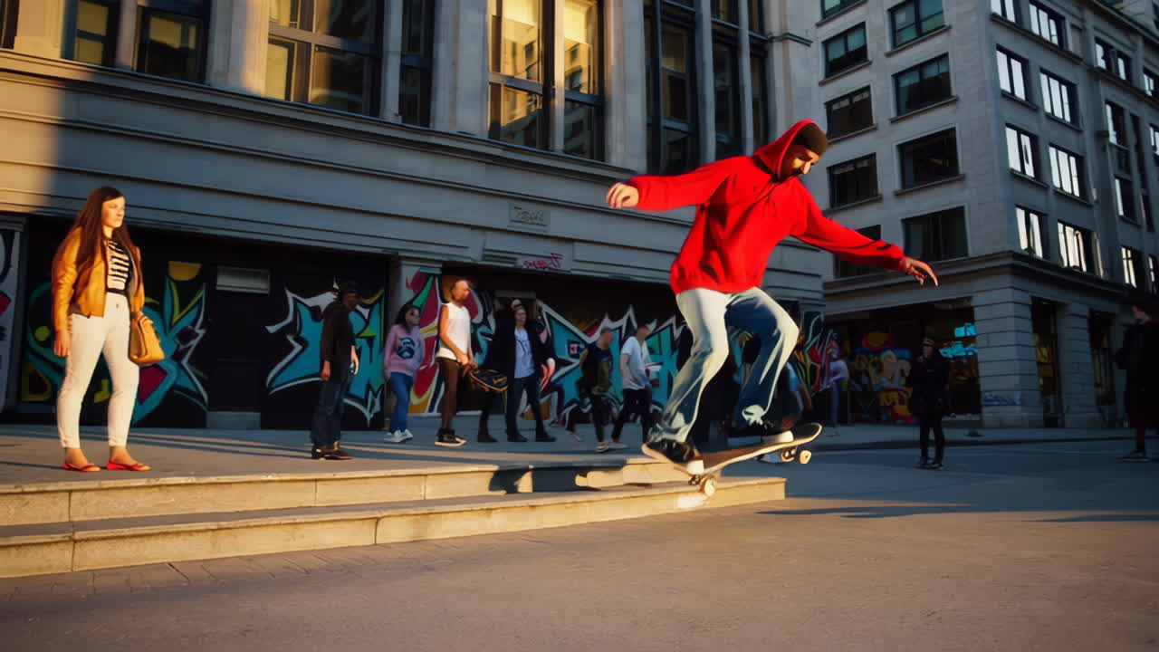 Skateboarder Performing Tricks in an Urban Environment