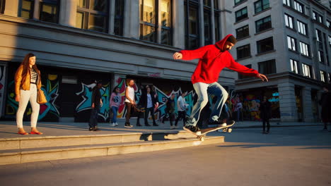 skateboarder performing tricks in an urban environment