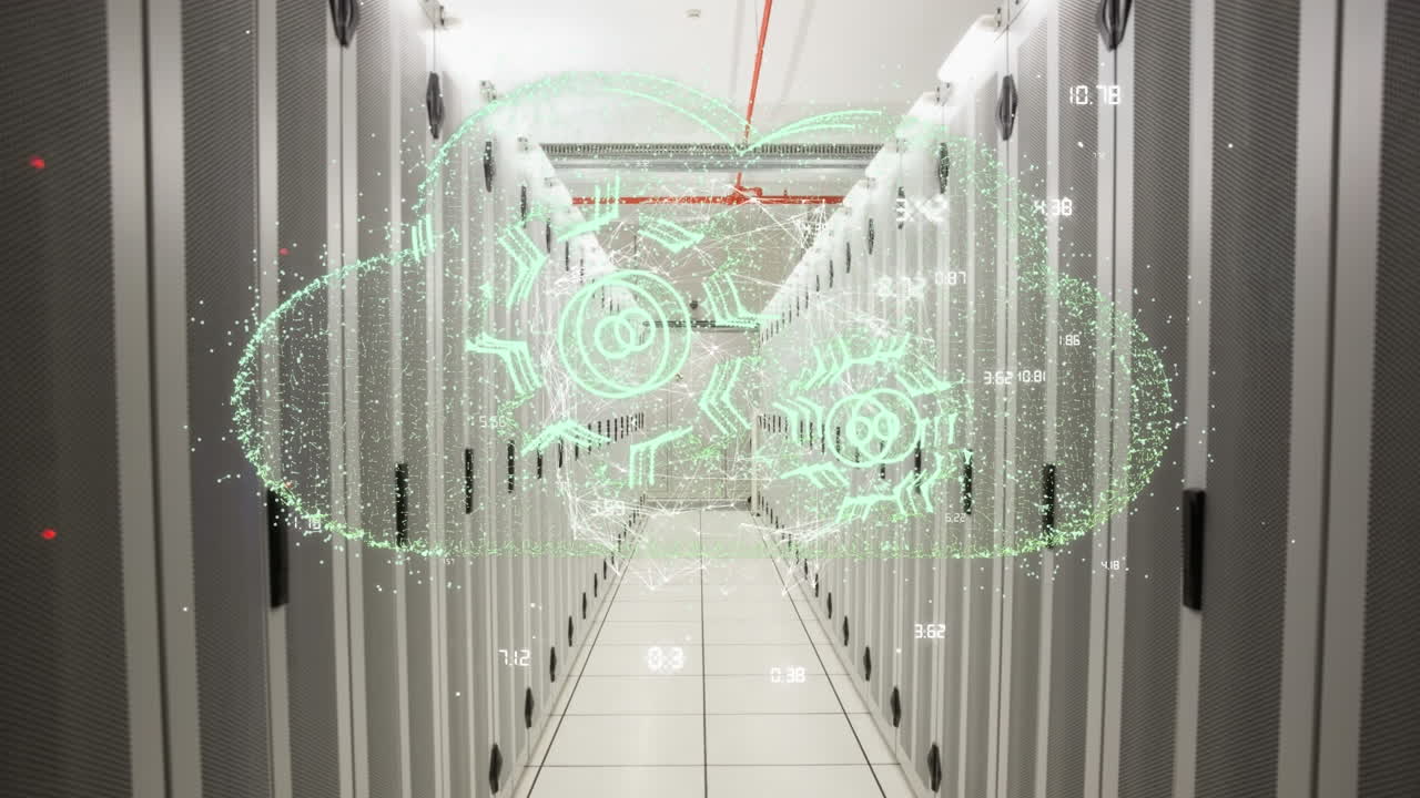 animación de la nube de red y procesamiento de datos a través de servidores en la sala de servidores de computadoras