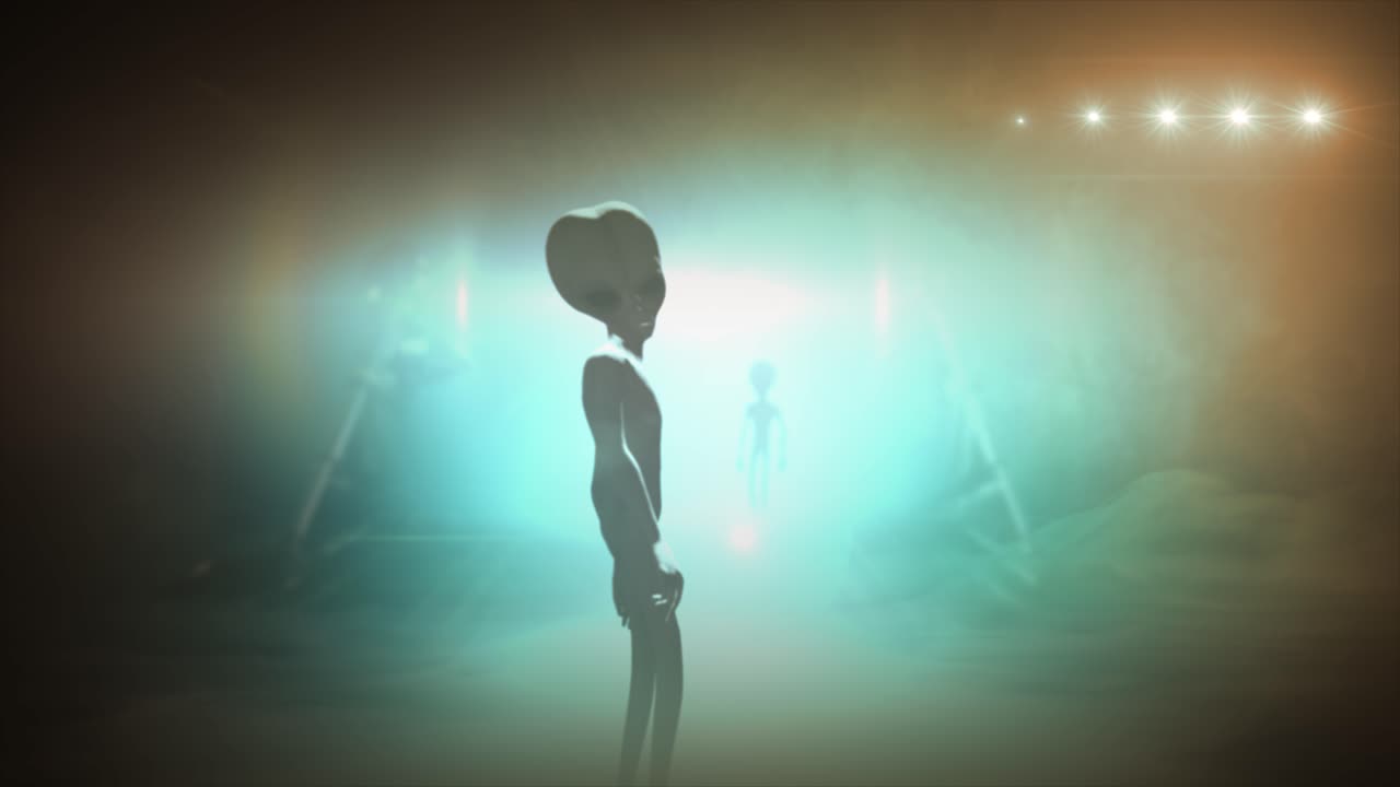 3D CGI VFX animation of a classic Roswell grey alien turning to look back, in front of the glowing lights of a UFO fyling saucer, with orange and teal color tint
