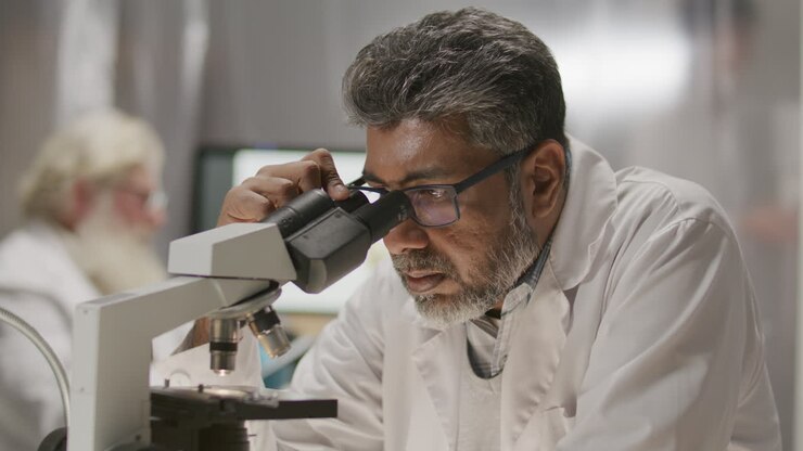Mature Scientist Conducting Research with Microscope in Archaeology Laboratory