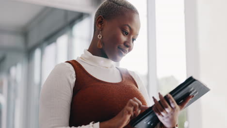 tablet, hands or black woman with digital