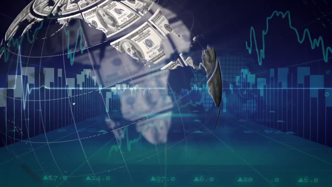 Animation of globe formed with american dollar banknotes and data processing