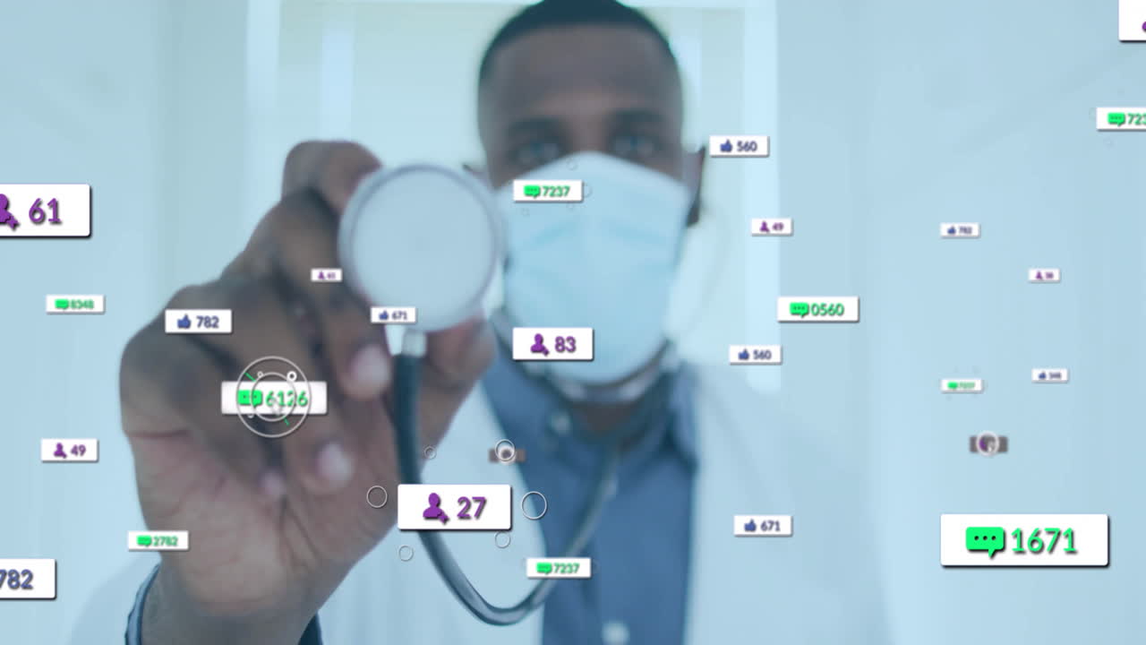masked doctor holding stethoscope toward camera in digital health, displaying social media icons