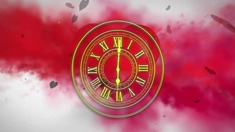 red clock with roman numerals against swirling red and white animation background
