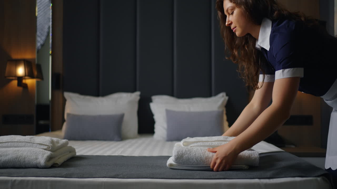 호텔 침대를 만드는 하녀