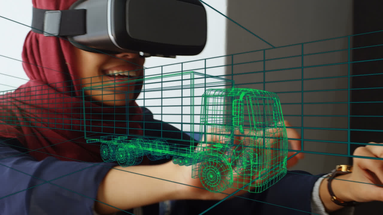 Animation of digital 3d drawing of car over woman using vr headset