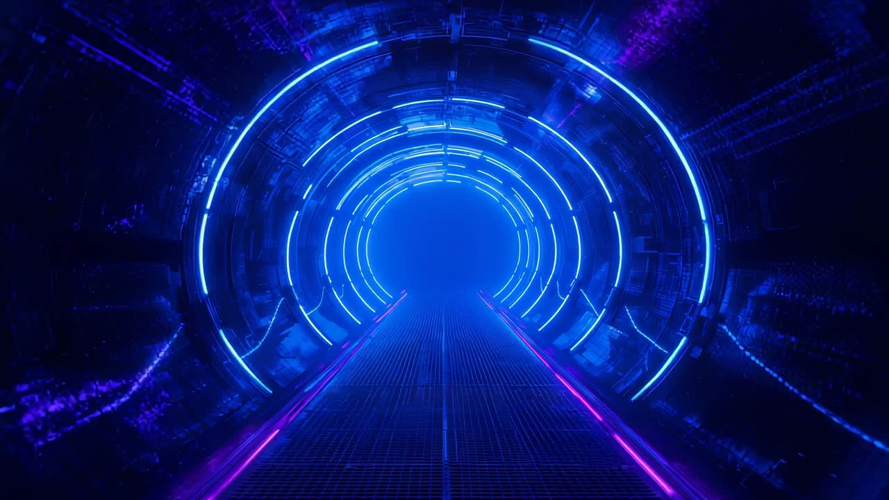 Triggered by neon rings, moving camera traveling through sci-fi walkway, with metal grate flooring