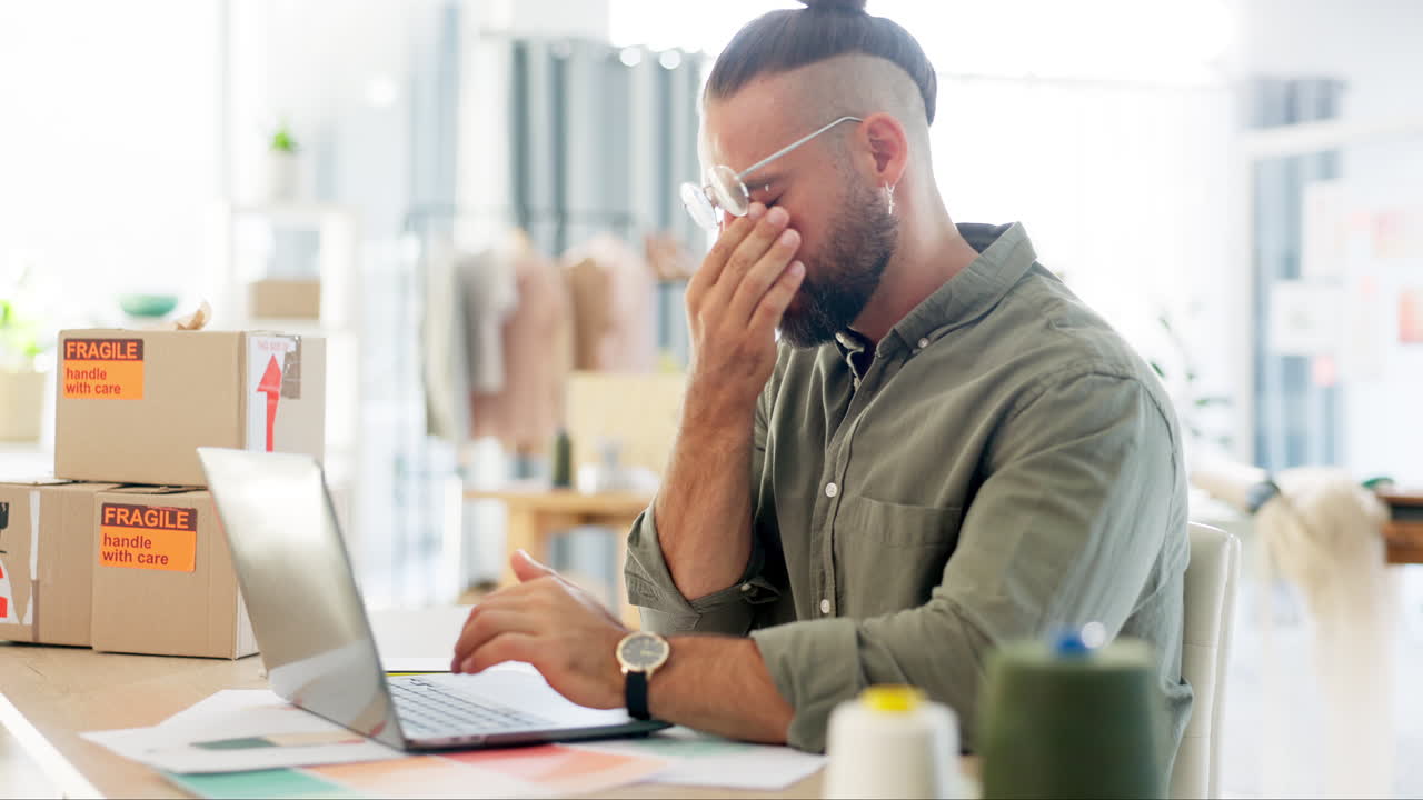 Business man, tired and laptop for box logistics