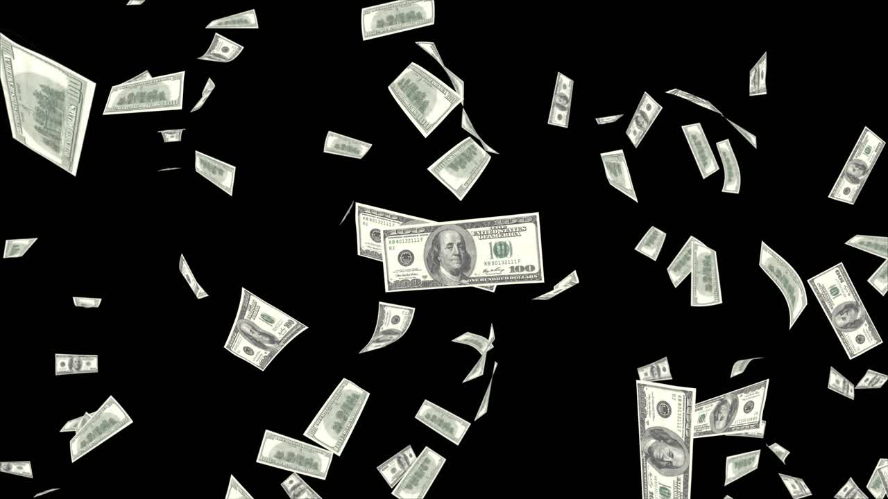 Banconote di dollaro in caduta, sfondo animato in loop continuo, green screen, banconote di dollari.