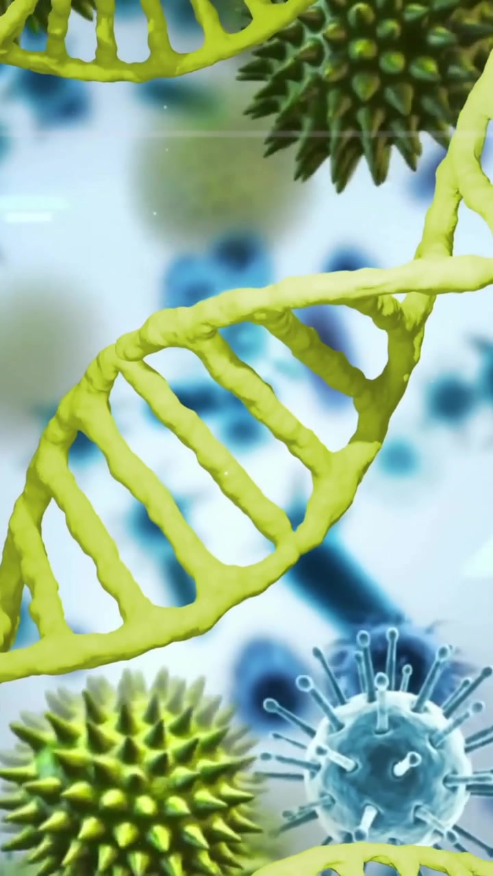 Animação de fitas de DNA sobre células de vírus