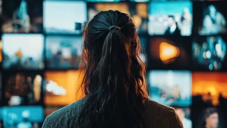 a woman standing in front of a wall of television screens