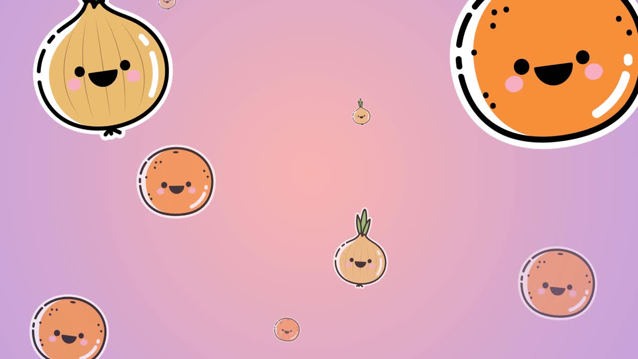 Animation of cartoon onions and oranges floating on pink background