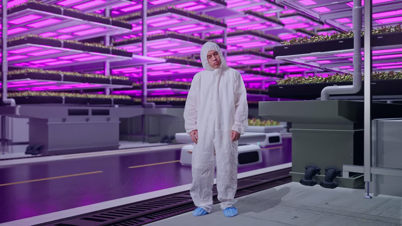 Full Body Of Asian Male Scientist Having A Headache While Standing In Vertical Farm