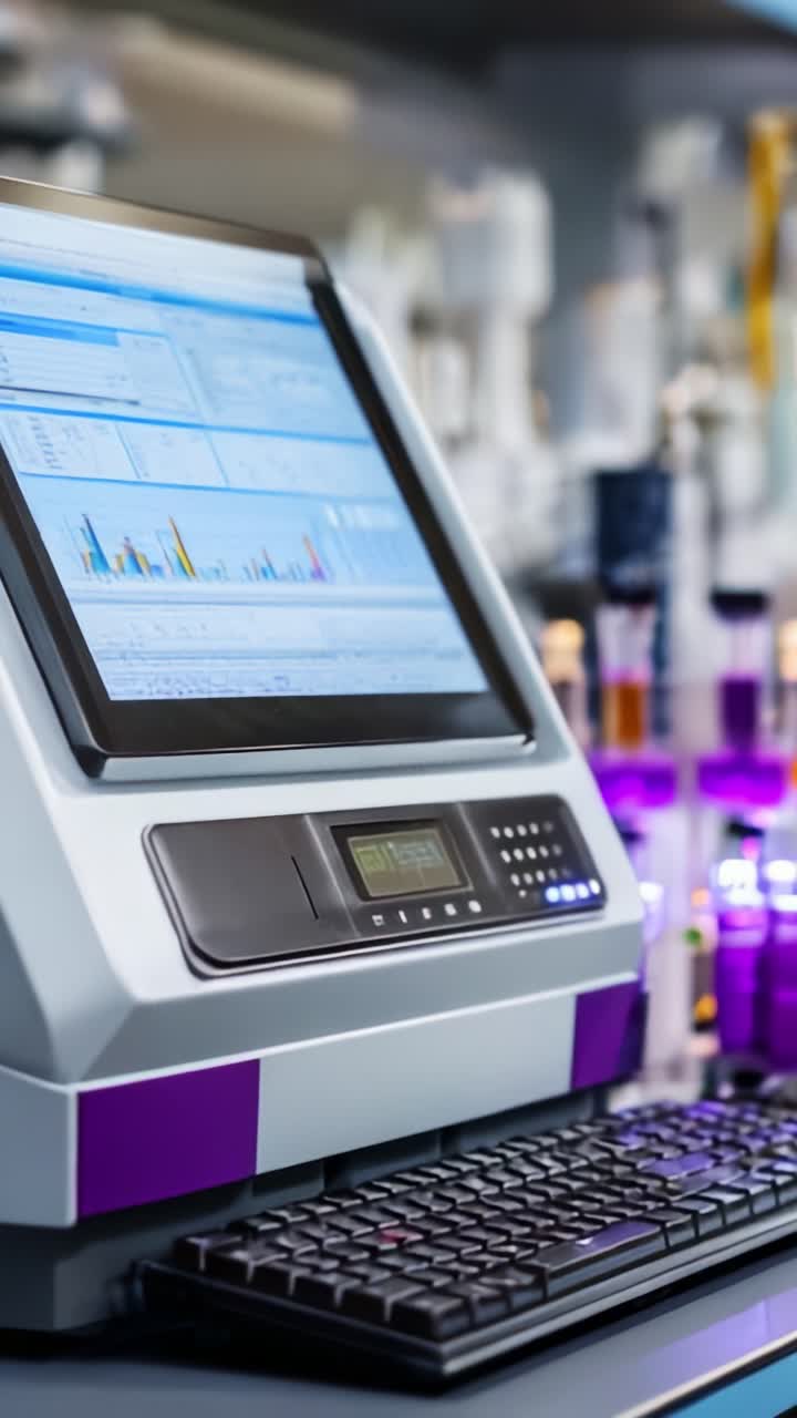 Attrezzature da laboratorio avanzate che analizzano dati tramite display ad alta risoluzione in un ambiente scientifico moderno con campioni colorati e risultati dettagliati