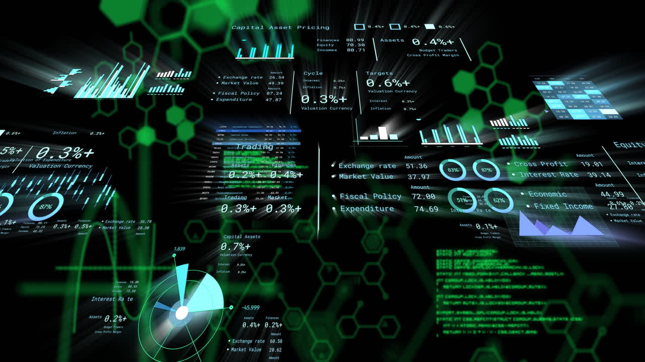 Displaying financial data, animation with green hexagonal patterns and graphs