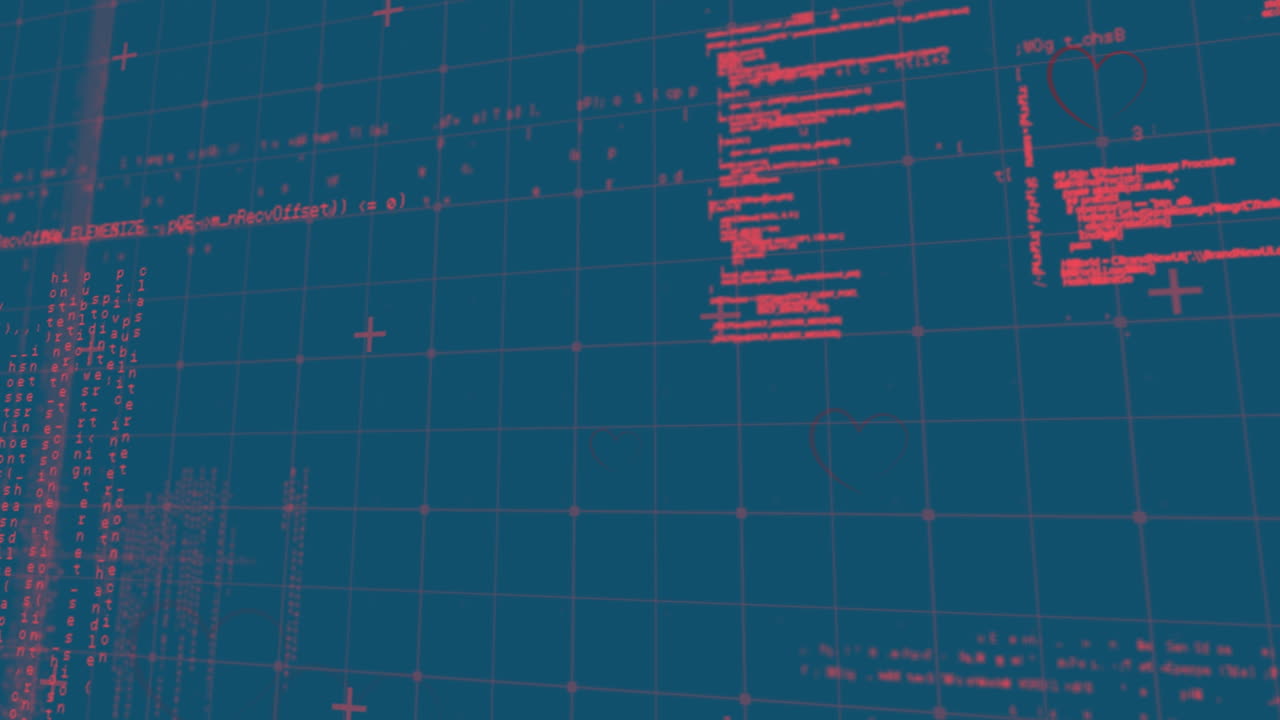 animación del procesamiento de datos y corazones sobre fondo azul