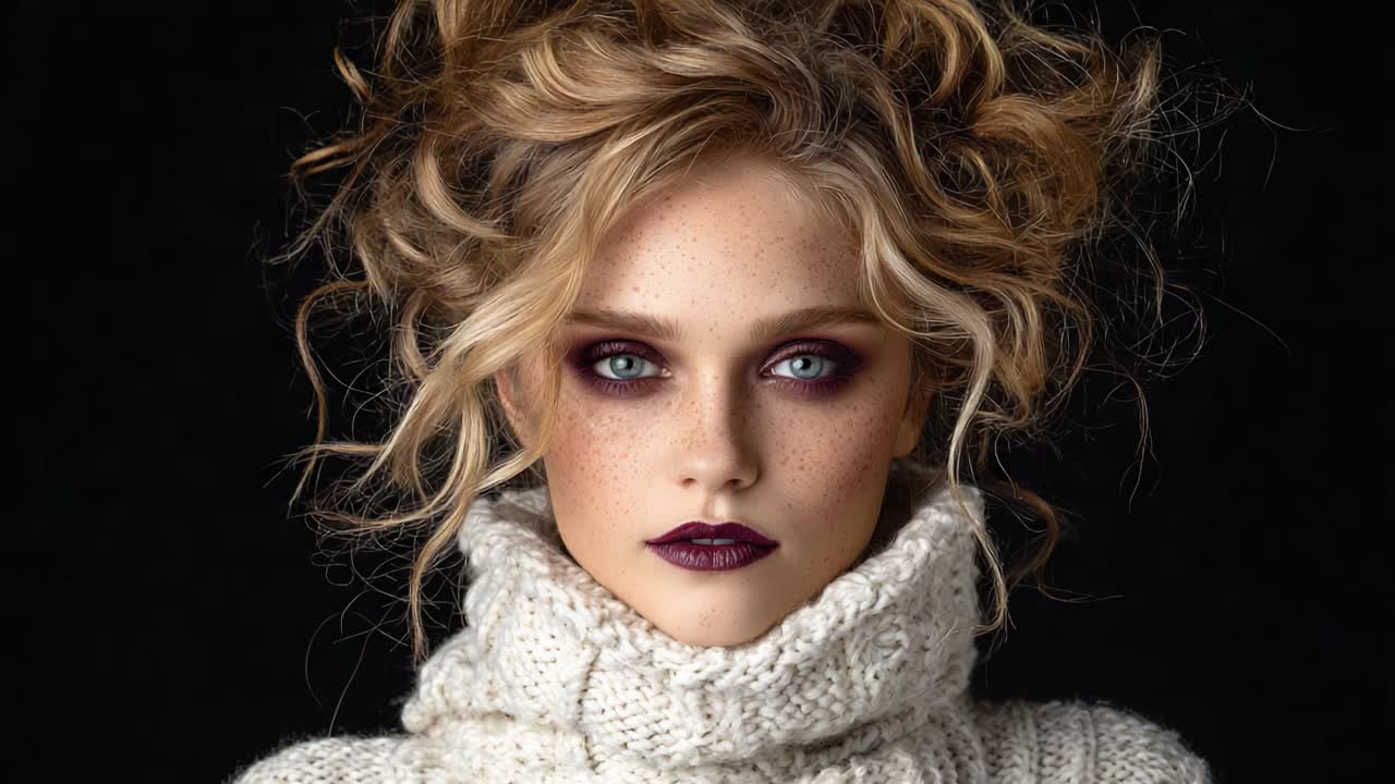 A Stunning Close-Up of a Beautiful Model Showcasing Intricate Makeup Against a Dark Background, Emphasizing Natural Beauty and Striking Features in Two Frames