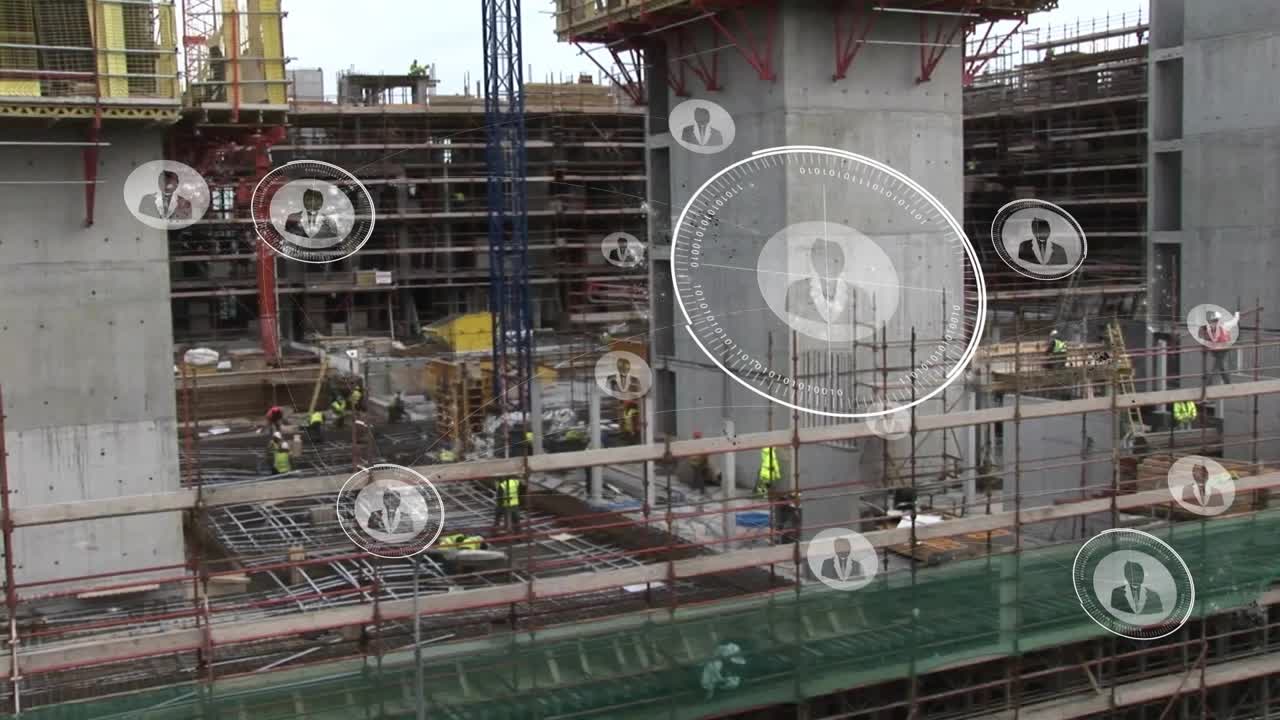 Construction site being visualized in 3D render, showing scaffolding, bars, crane, digital icons