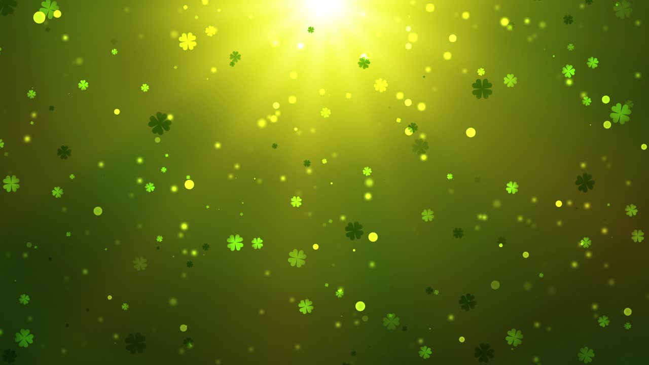 Loopable Green Festive St. Patrick's Day Animation Background with Floating Shamrocks and Rotating Four-Leaf Clovers - Irish Spring Tradition