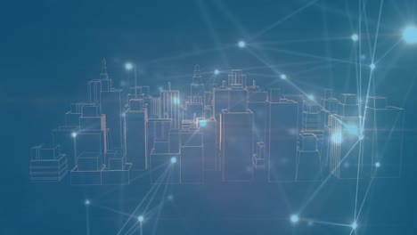 animation of networks of connections over 3d cityscape on blue background