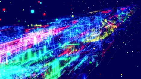 motion graphic, data flow. hi tech stream of datum, motion design vj loop. wireframes of network blocks with neon light, multicolor glow. abstract hologram microcircuit as concept hi tech technology