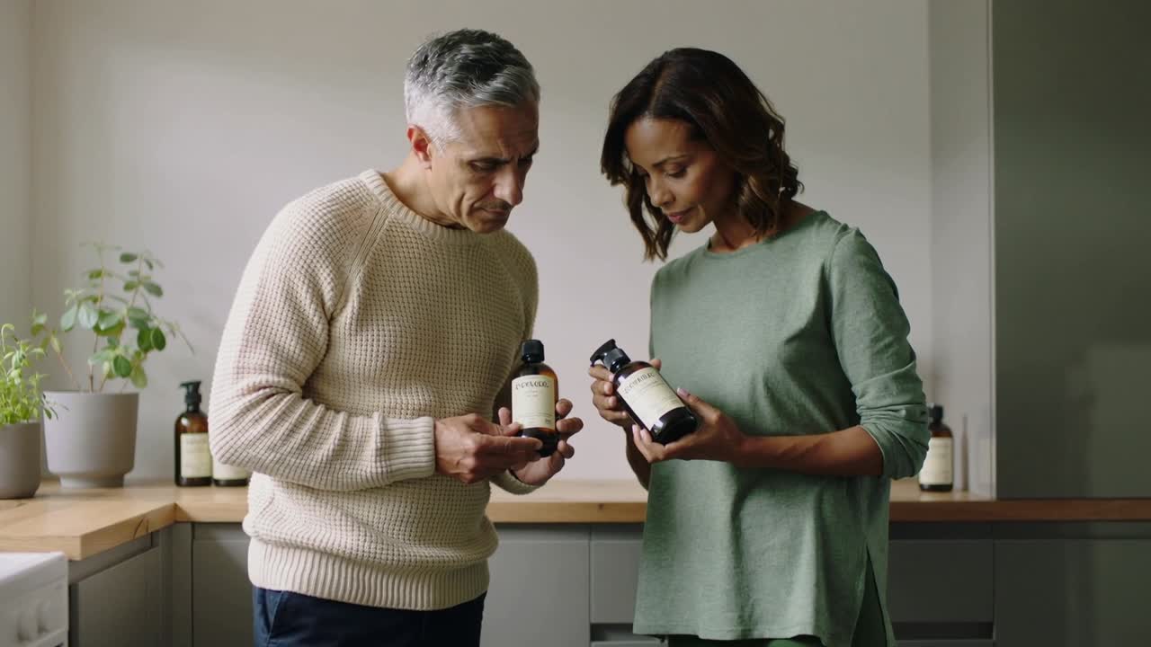 Noticing pump bottles, couple in cream sweater, green top studying in home kitchen comparing label