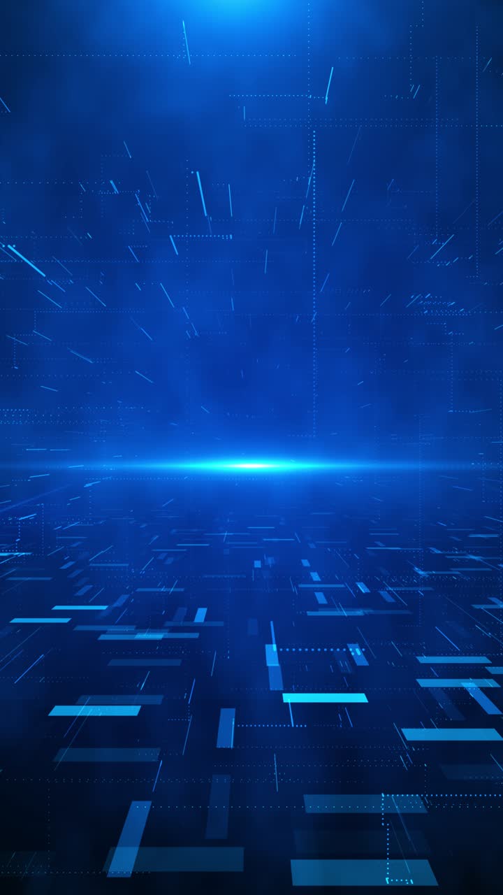 Griglia cibernetica blu, dati in movimento, tecnologia digitale, sfondo astratto, punti su paesaggio a onde 3D, IA