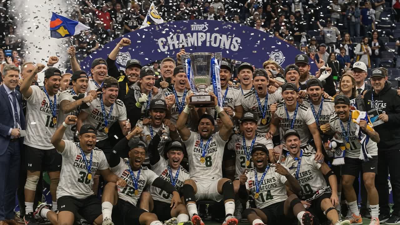 Celebration of Victory: A Team Wins the Championship, Showered in Confetti and Joy, as They Hold the Trophy Proudly in Front of Thrilled Fans and Supporters