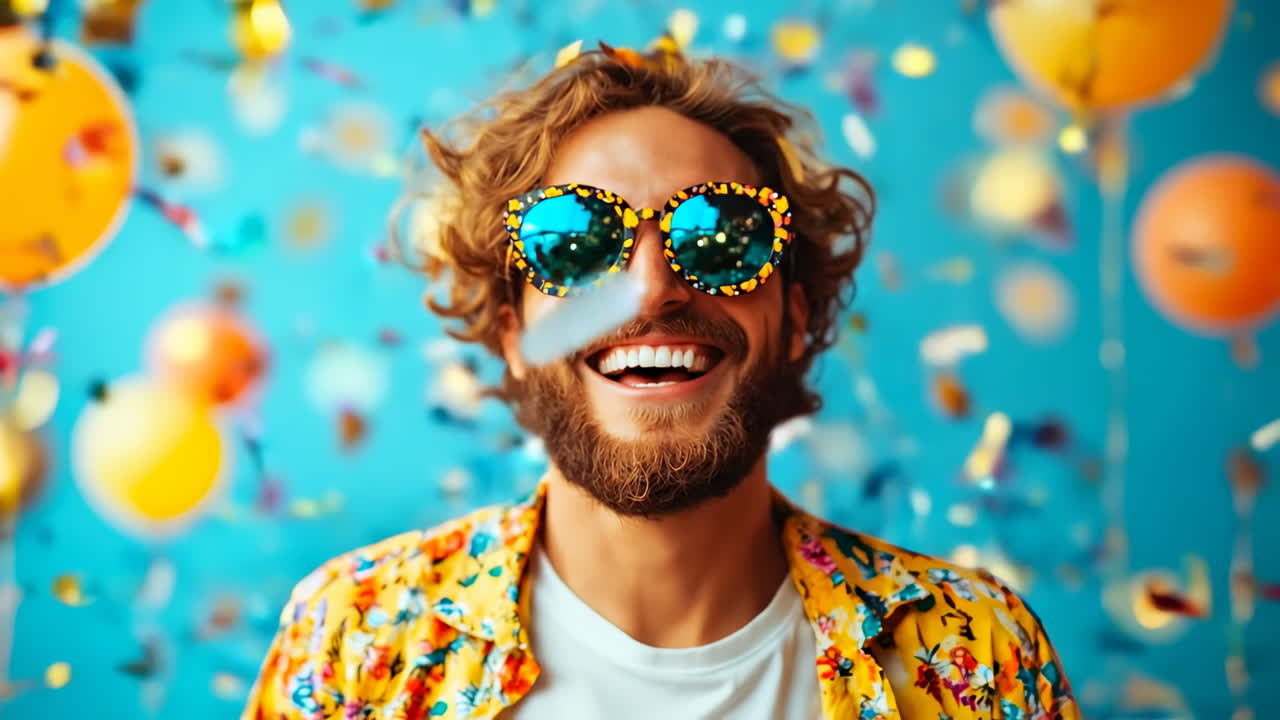 Man celebrating with confetti and balloons. A smiling man in colorful glasses and shirt surrounded by festive confetti and balloons