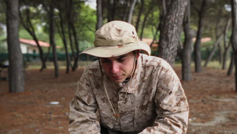 soldier tired of running he remarries behind the trunk of a tree in the forest